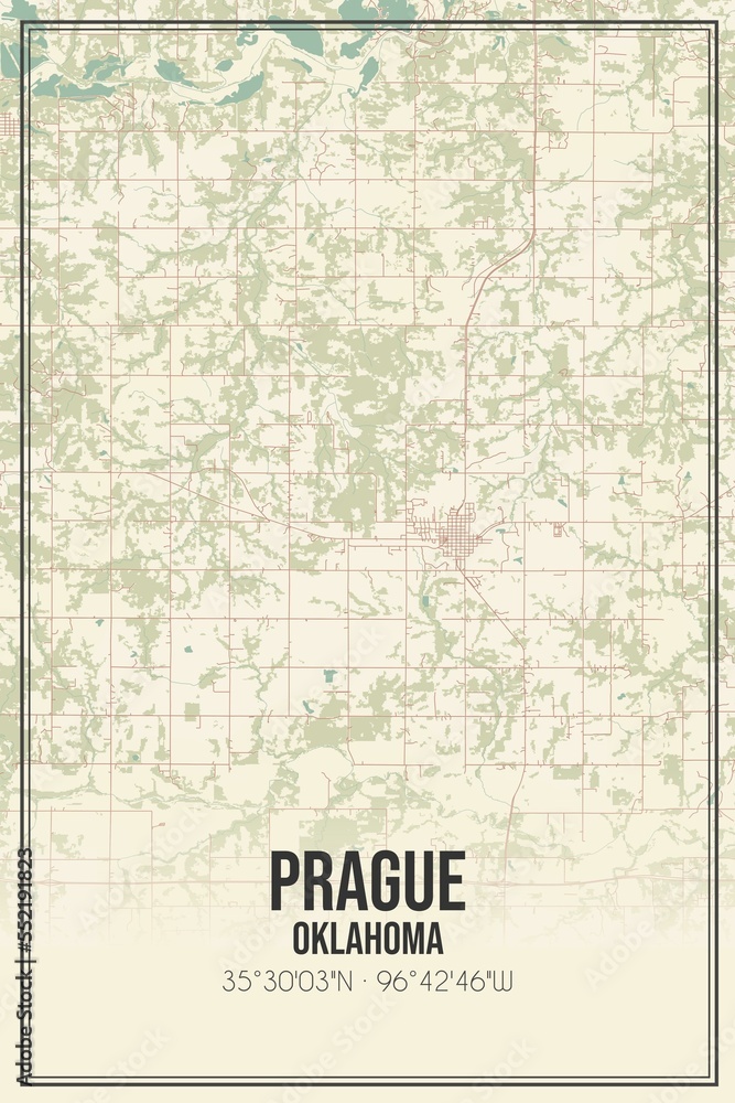 Fototapeta premium Retro US city map of Prague, Oklahoma. Vintage street map.