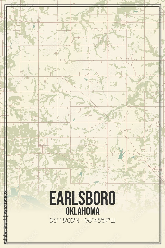 Retro US city map of Earlsboro, Oklahoma. Vintage street map.