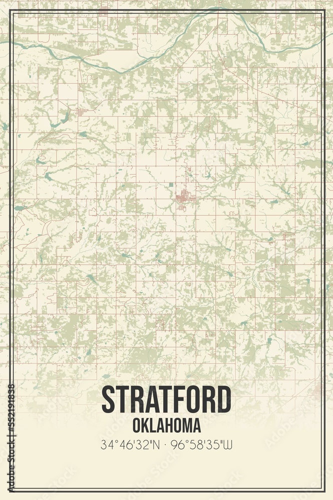 Retro US city map of Stratford, Oklahoma. Vintage street map.