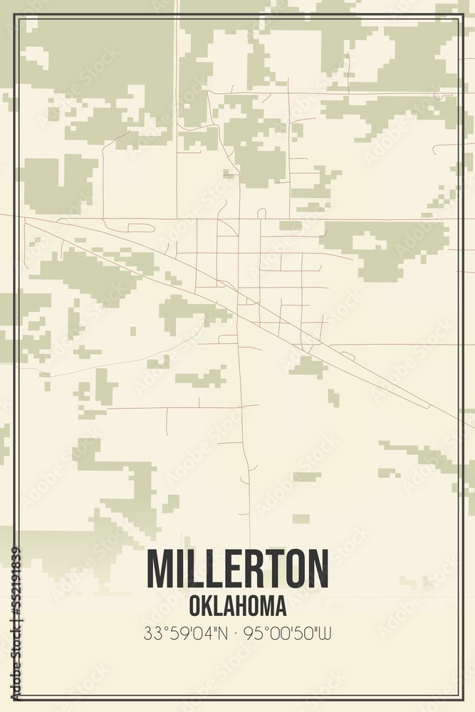 Retro US city map of Millerton, Oklahoma. Vintage street map.