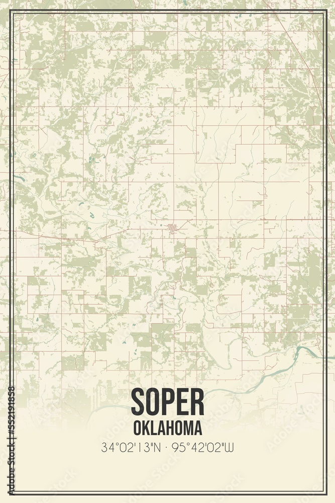 Retro US city map of Soper, Oklahoma. Vintage street map.