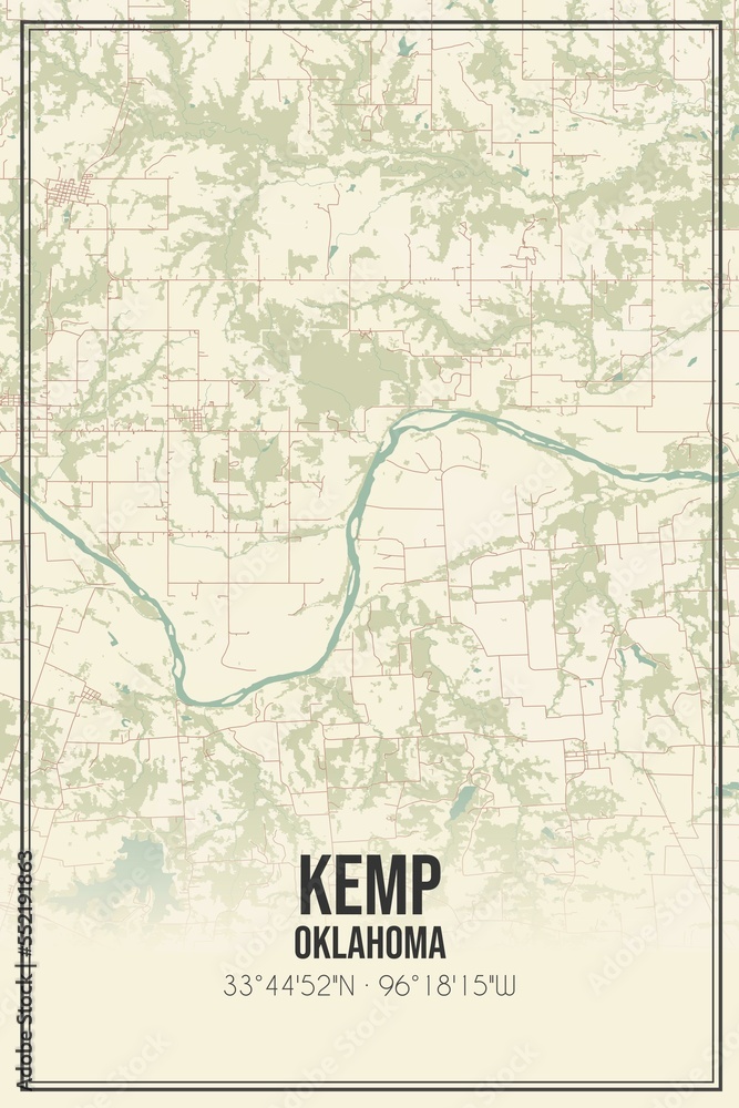 Retro US city map of Kemp, Oklahoma. Vintage street map.