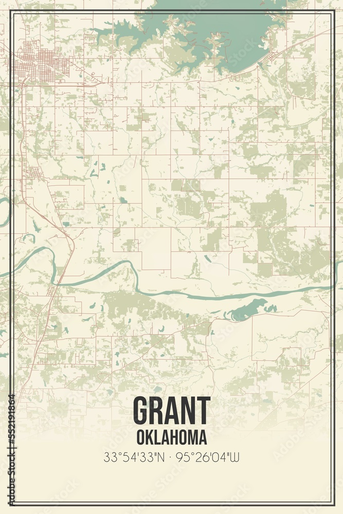 Retro US city map of Grant, Oklahoma. Vintage street map.