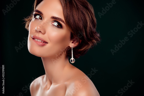 Photo of tender fancy lady look empty space advert wish buy new lipstick isolated on green color background