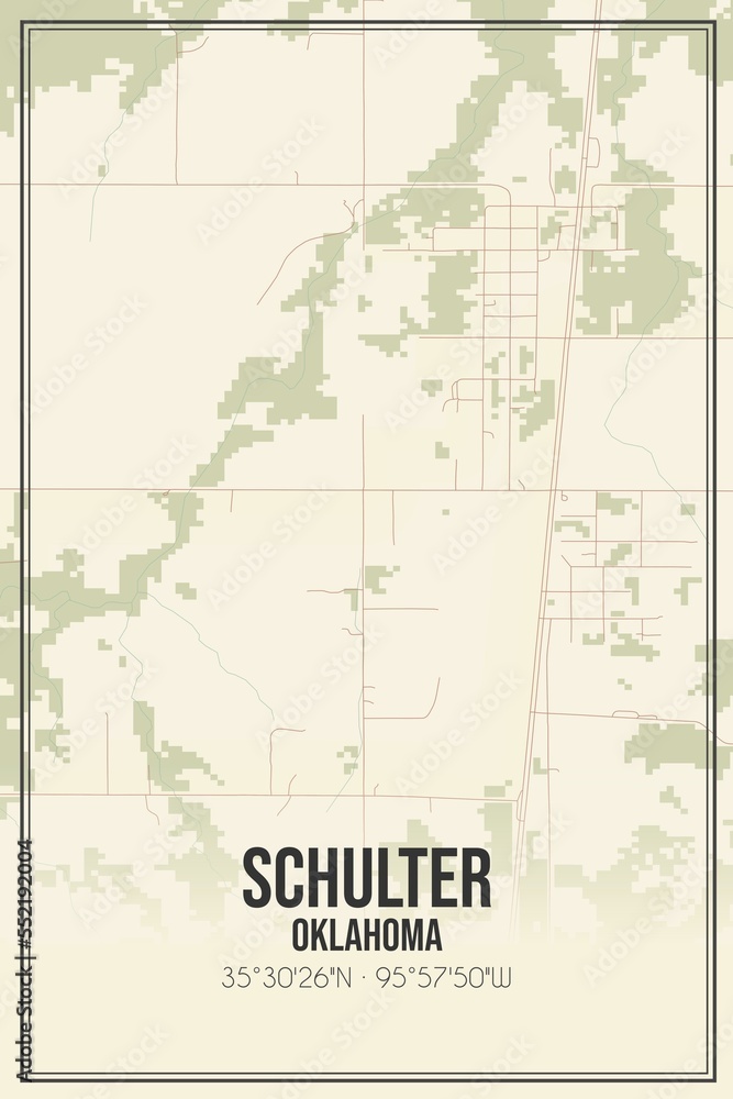 Retro US city map of Schulter, Oklahoma. Vintage street map.
