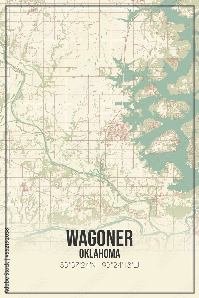 Retro US city map of Wagoner, Oklahoma. Vintage street map.