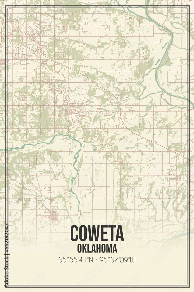 Retro US city map of Coweta, Oklahoma. Vintage street map.