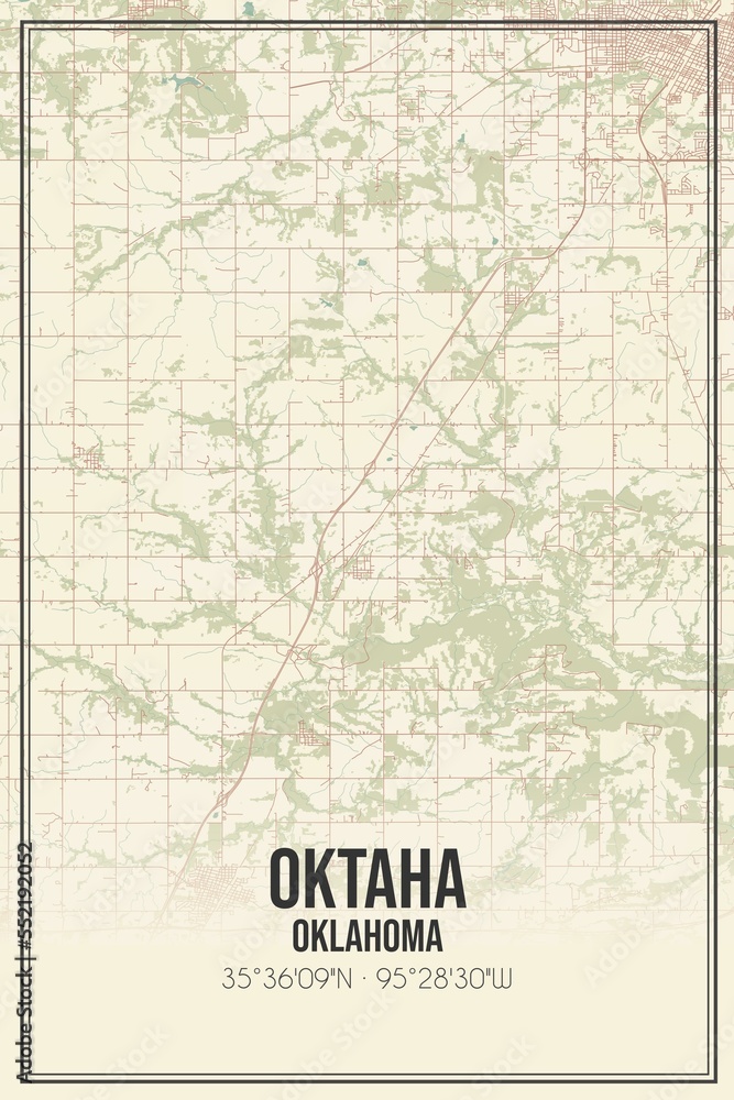 Retro US city map of Oktaha, Oklahoma. Vintage street map.