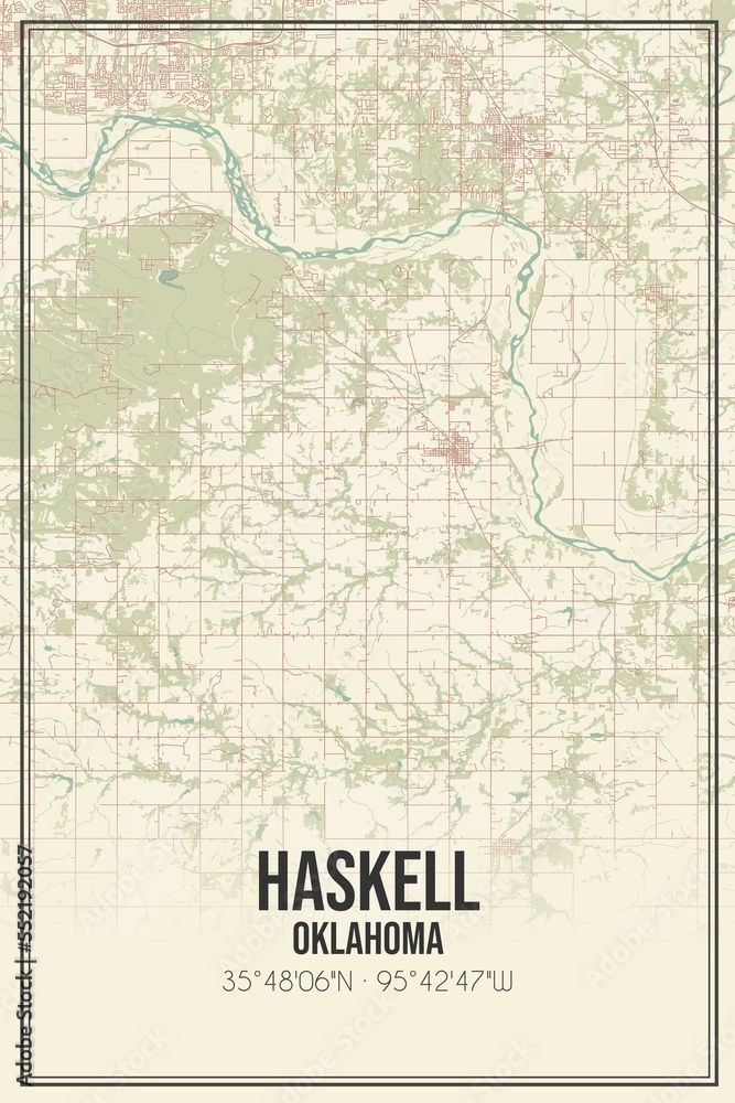 Retro US city map of Haskell, Oklahoma. Vintage street map.