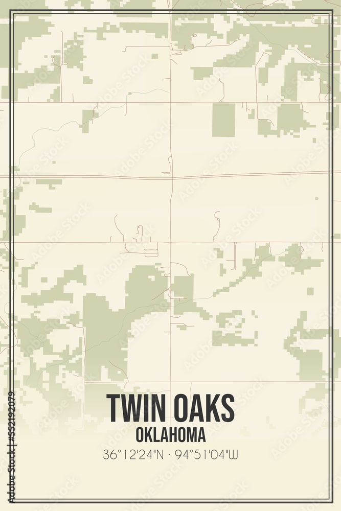 Retro US city map of Twin Oaks, Oklahoma. Vintage street map.
