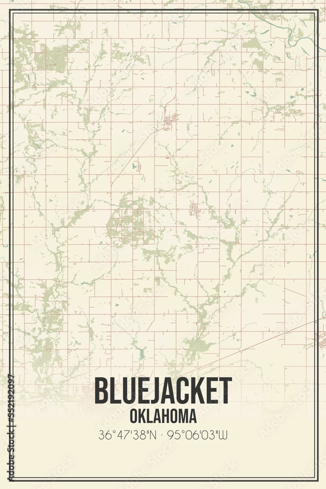 Retro US city map of Bluejacket, Oklahoma. Vintage street map.