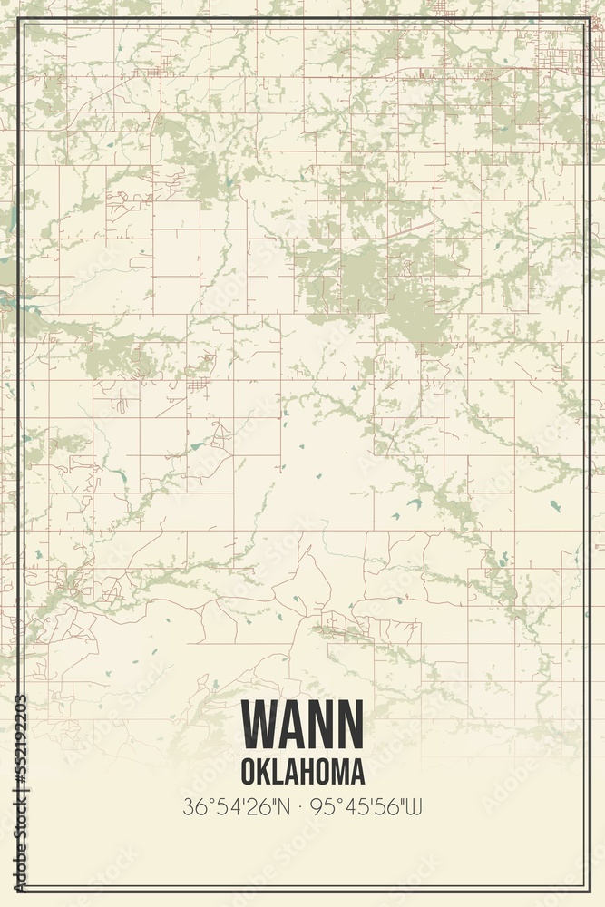 Retro US city map of Wann, Oklahoma. Vintage street map.