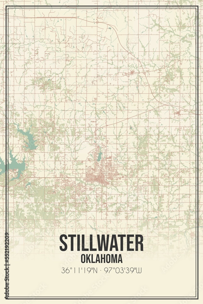Retro US city map of Stillwater, Oklahoma. Vintage street map.