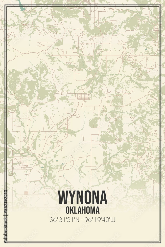 Retro US city map of Wynona, Oklahoma. Vintage street map.