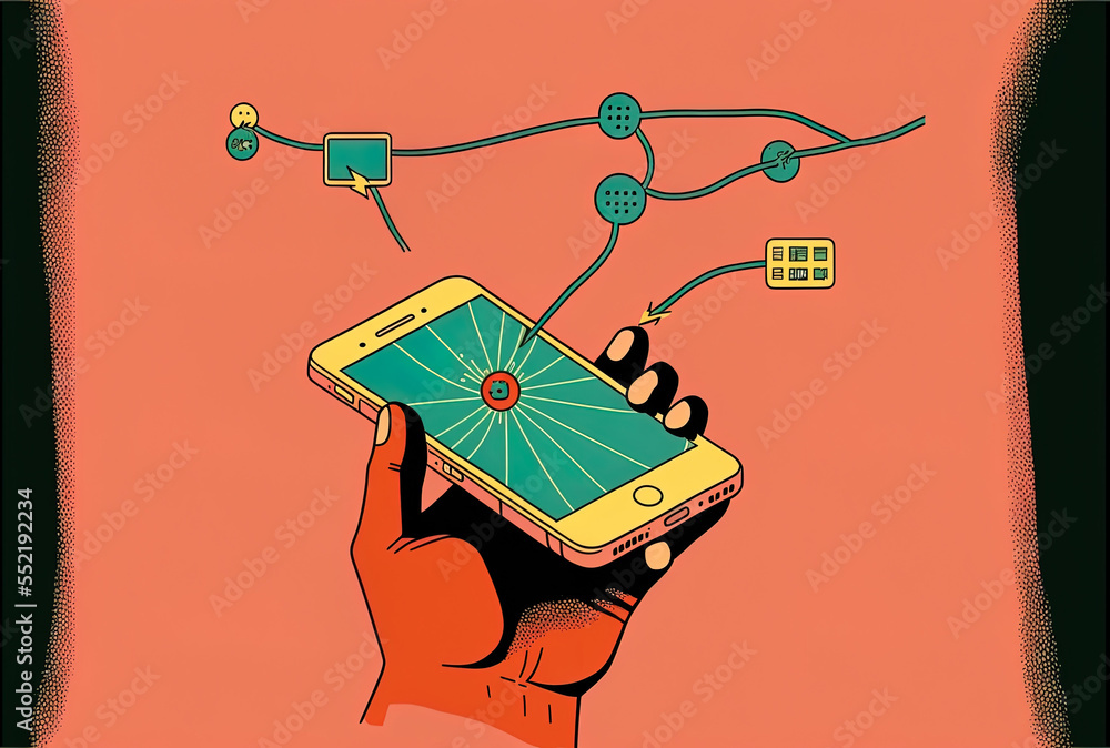 a hand holding a smartphone and an internet connection network in the top view. Generative AI