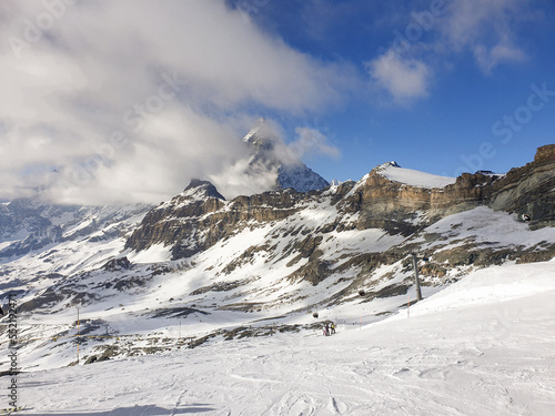 Cervinia ski resort and the Matterhorn peak on a cloudy day 