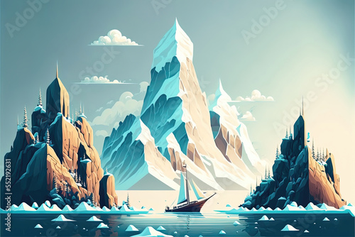 Landscape with snowy mountains and the sea. Sea waves  ships. Fantasy landscape. AI