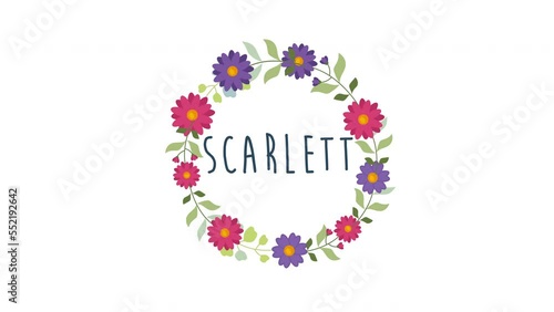 scarlett girls name motion animation concept.woman name with floral wreath photo