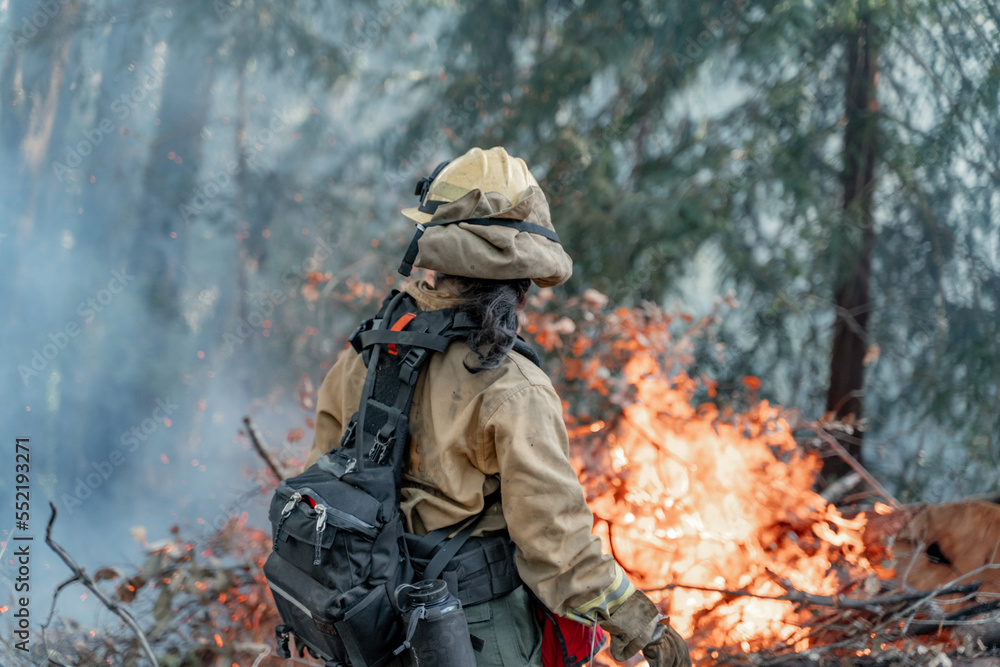 Firefighter Fighting Wildfire in Forest in California