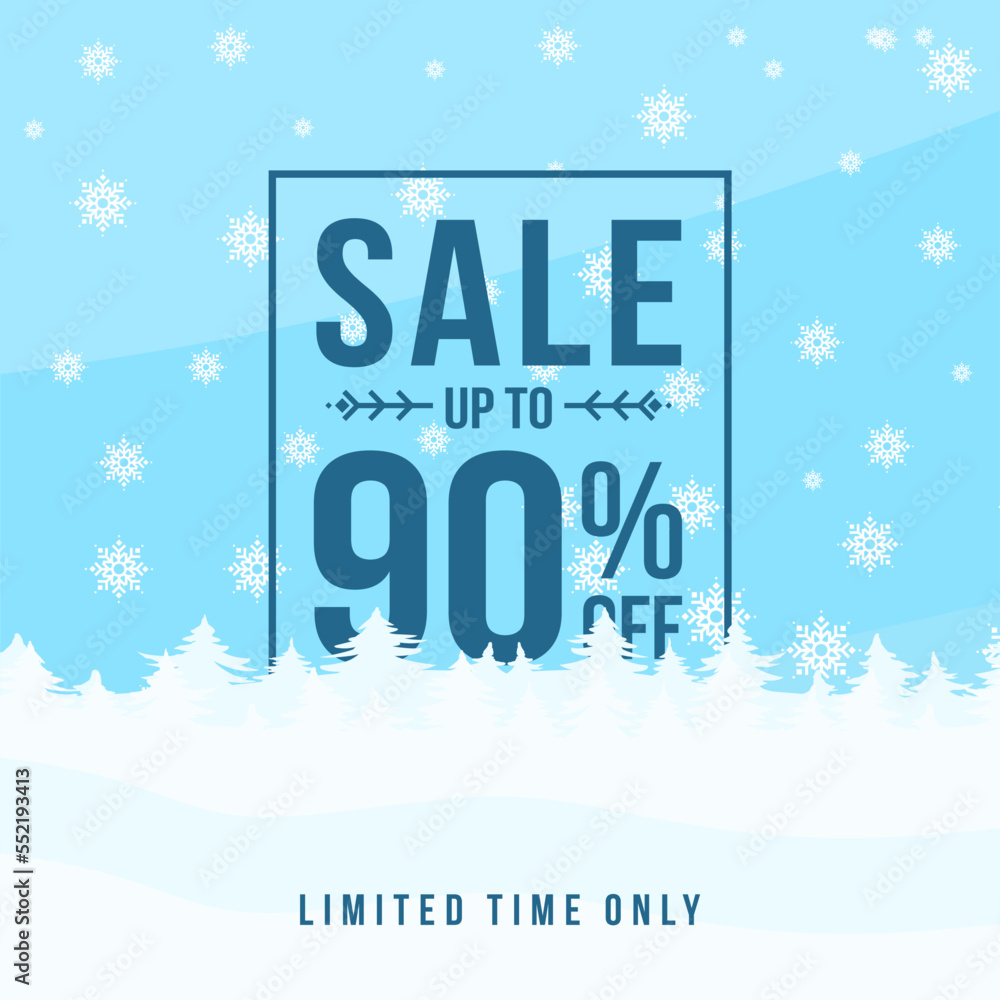 Winter sale up to 90% off. Winter sale banner template design with up to 90 percent off. Super Sale, end of season special offer banner. vector illustration