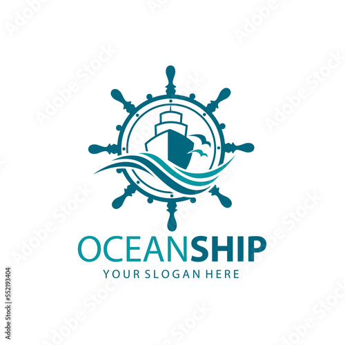 icon of ship, handwheel and ocean waves with seagulls isolated on white background