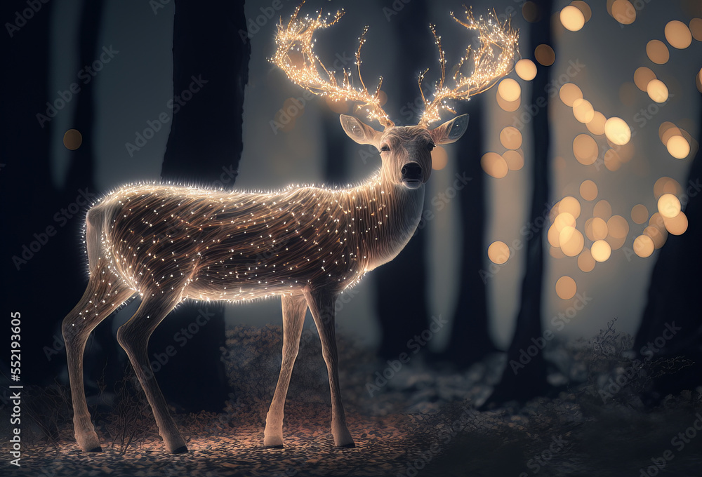 A magic festive reindeer covered in glowing lights in a winter scene ...
