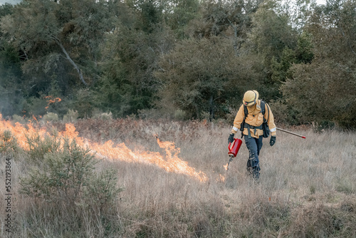 Firefighter Fighting Wildfire in Forest in California