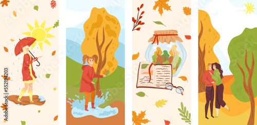 Autumn cards set, autumnal leaves and trees with loving cople, vector illustr...