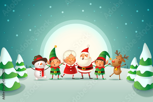 Cute friends Santa Claus, Mrs Claus, Elves girl and boy, Reindeer and Snowman celebrate Christmas holidays - vector illustration on winter landscape