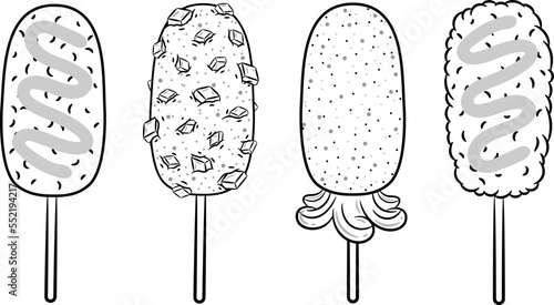 set of tokkebi gamja hotdog korean style drawing sticker sketch for coloring