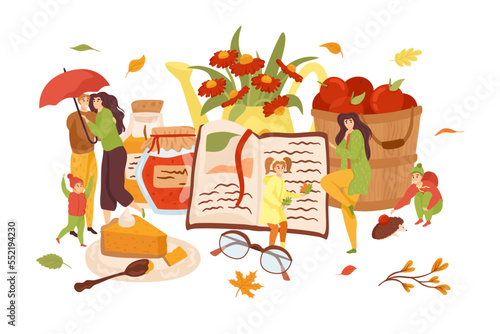 Autumn, fall season vector illustration set, composition. Family walks in autumnal park with umbrellas, harvest and fall flowers, leaves.