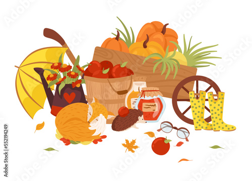 Autumn, fall season vector illustration set, composition.Cute animals, hedgeh...