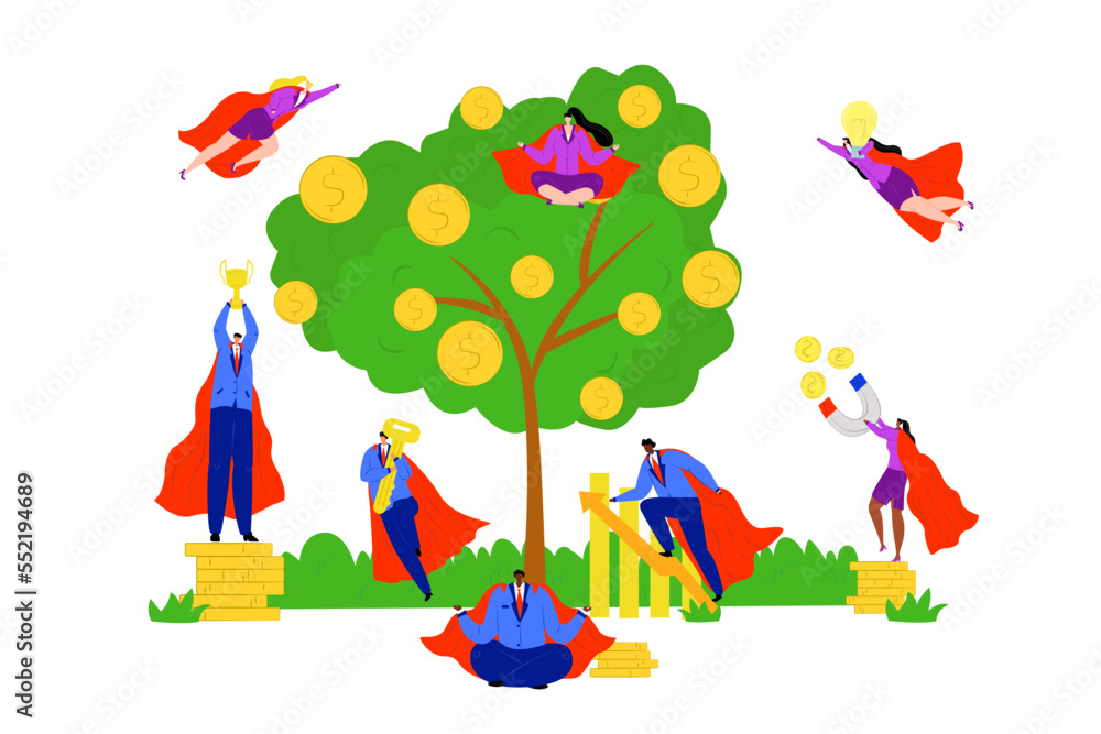 Obraz premium Business hero, people in superhero suits, power persons vector illustration. businessmen and businesswoman working in team. Corporate super hero.