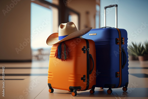 orange and blue Suitcases with hat, travel concept, generative ai photo