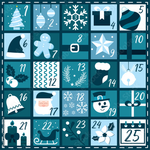 Blue monochromed advent calendar with traditional objects Vector