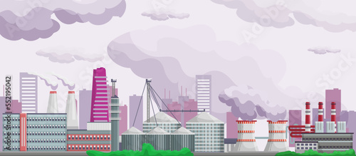Pollution and enviroment, ecology vector illustration. Factory and plants building with smoking chimneys. Dirty smoke in sky, heavy industry.