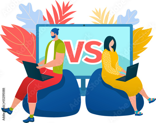 Gaming online concept vector illustration. People gamers with video game console, gamepad. Man vs Woman Video technology for leisure and entertainment.