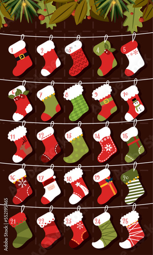 Christmas advent calendar with different winter socks Vector