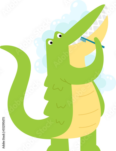 Funny wild animal flat icon Cute crocodile brush teeth