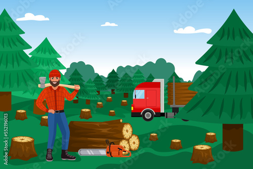 Lumberjack with woodcutter in forest, timber vector illustration. Lumber wood, cutting logs worker cartoon character. Lumberman.