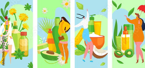 Natural organic cosmetics banners flayer, beauty, spa, wellness, nature products vector illustration. Cosmetical oils.