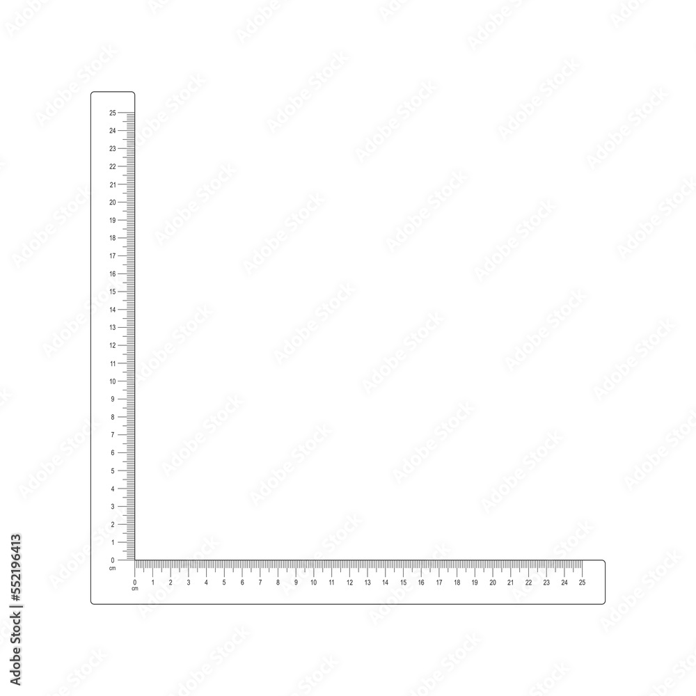 25 centimeters corner ruler template. Measuring tool with vertical and horizontal lines with cm and mm markup and numbers. Vector graphic illustration isolated on white background 25 centimeters corner ruler template. Measuring tool with vertical and horizontal lines with cm and mm markup and numbers. Vector graphic illustration isolated on white background