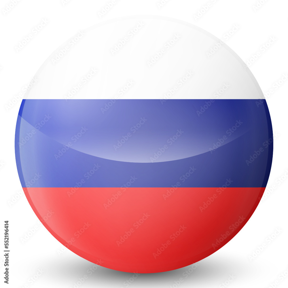 Glass light ball with flag of Russia. Round sphere, template icon. Russian national symbol. Glossy realistic ball, 3D abstract vector illustration highlighted on a white background. Big bubble. Glass light ball with flag of Russia. Round sphere, template icon. Russian national symbol. Glossy realistic ball, 3D abstract vector illustration highlighted on a white background. Big bubble.