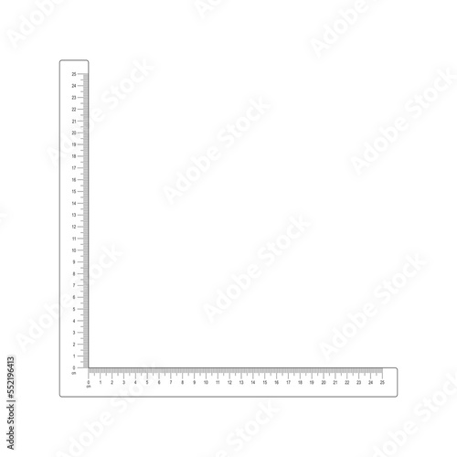 25 centimeters corner ruler template. Measuring tool with vertical and horizontal lines with cm and mm markup and numbers. Vector graphic illustration isolated on white background