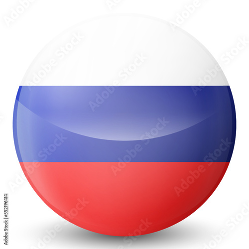 Glass light ball with flag of Russia. Round sphere, template icon. Russian national symbol. Glossy realistic ball, 3D abstract vector illustration highlighted on a white background. Big bubble.