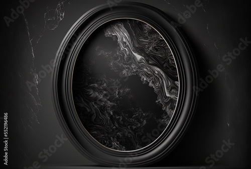 Black backdrop with a marble texture and an oval frame. Generative AI