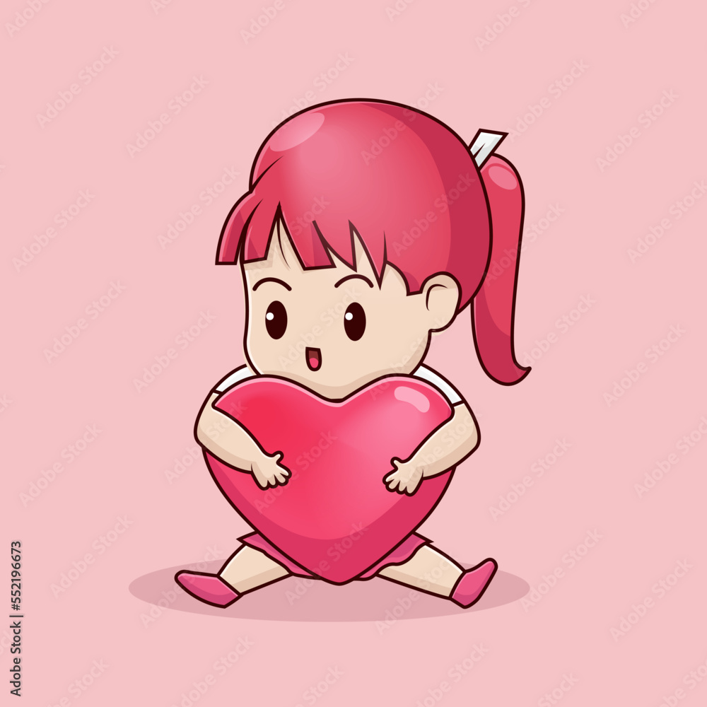 Happy valentine day, vector illustration girl with love pillow Happy valentine day, vector illustration girl with love pillow