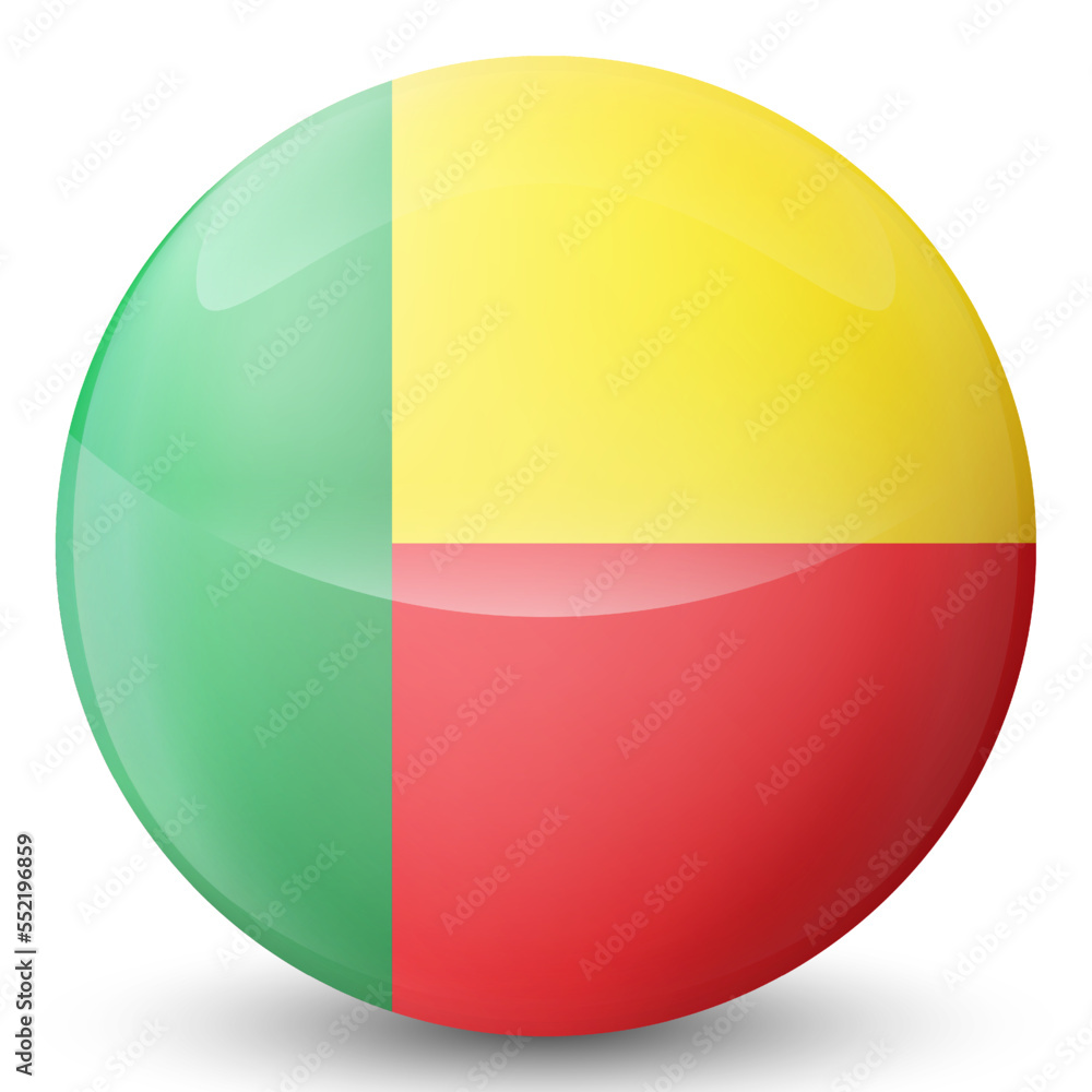 Glass light ball with flag of Benin. Round sphere, template icon. National symbol. Glossy realistic ball, 3D abstract vector illustration highlighted on a white background. Big bubble.