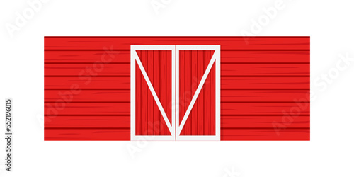 Red wooden door on barn wall. Front view. Element of American farm warehouse building isolated on white background. Vector cartoon illustration.