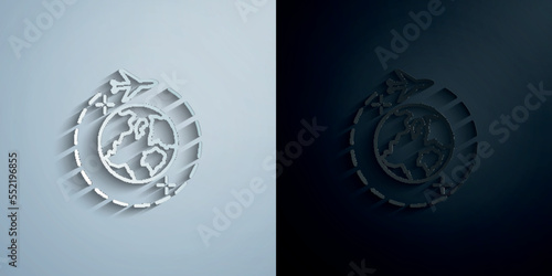 Travel, earth, airplane paper icon with shadow vector illustration